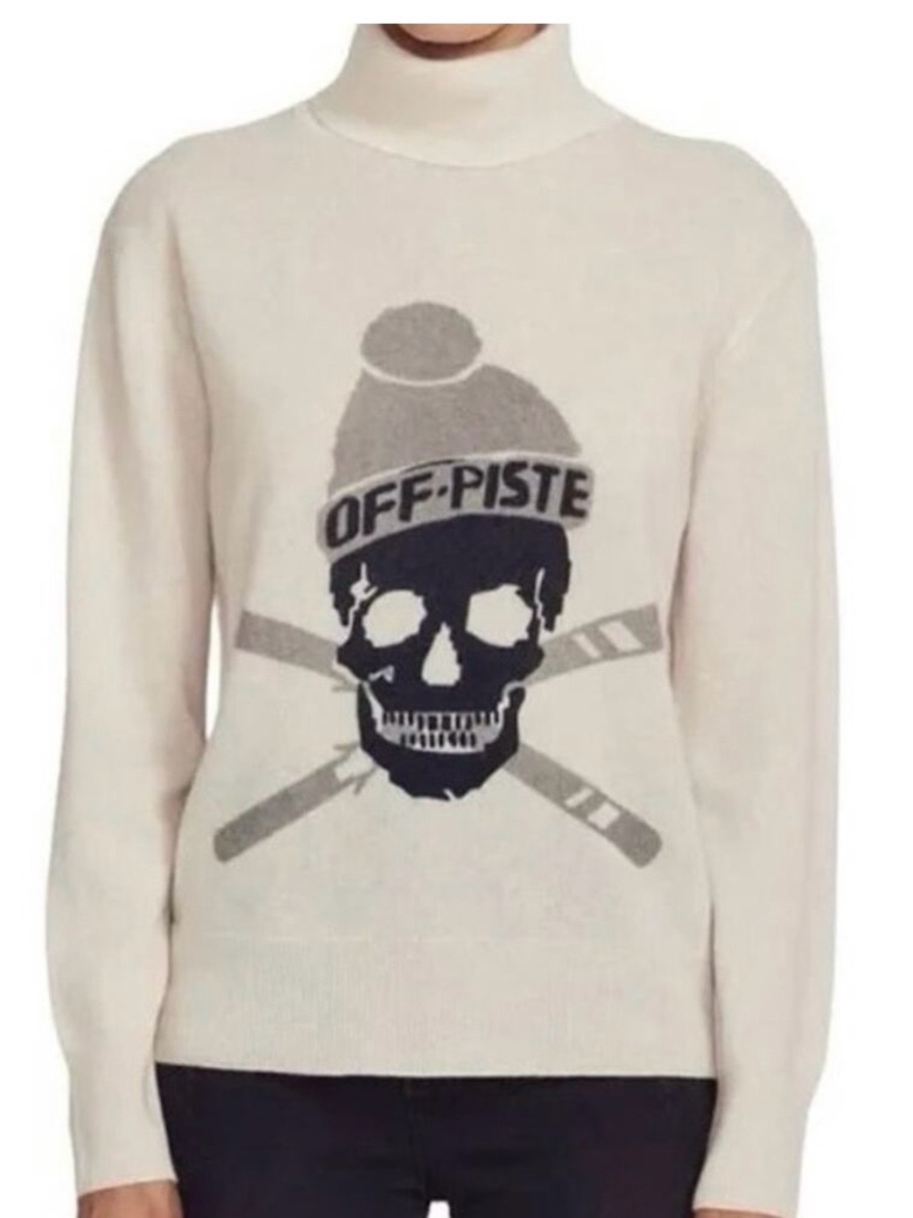 360 Cashmere Cream Off Piste Turtleneck Sweater with black Skull Ski Graphic